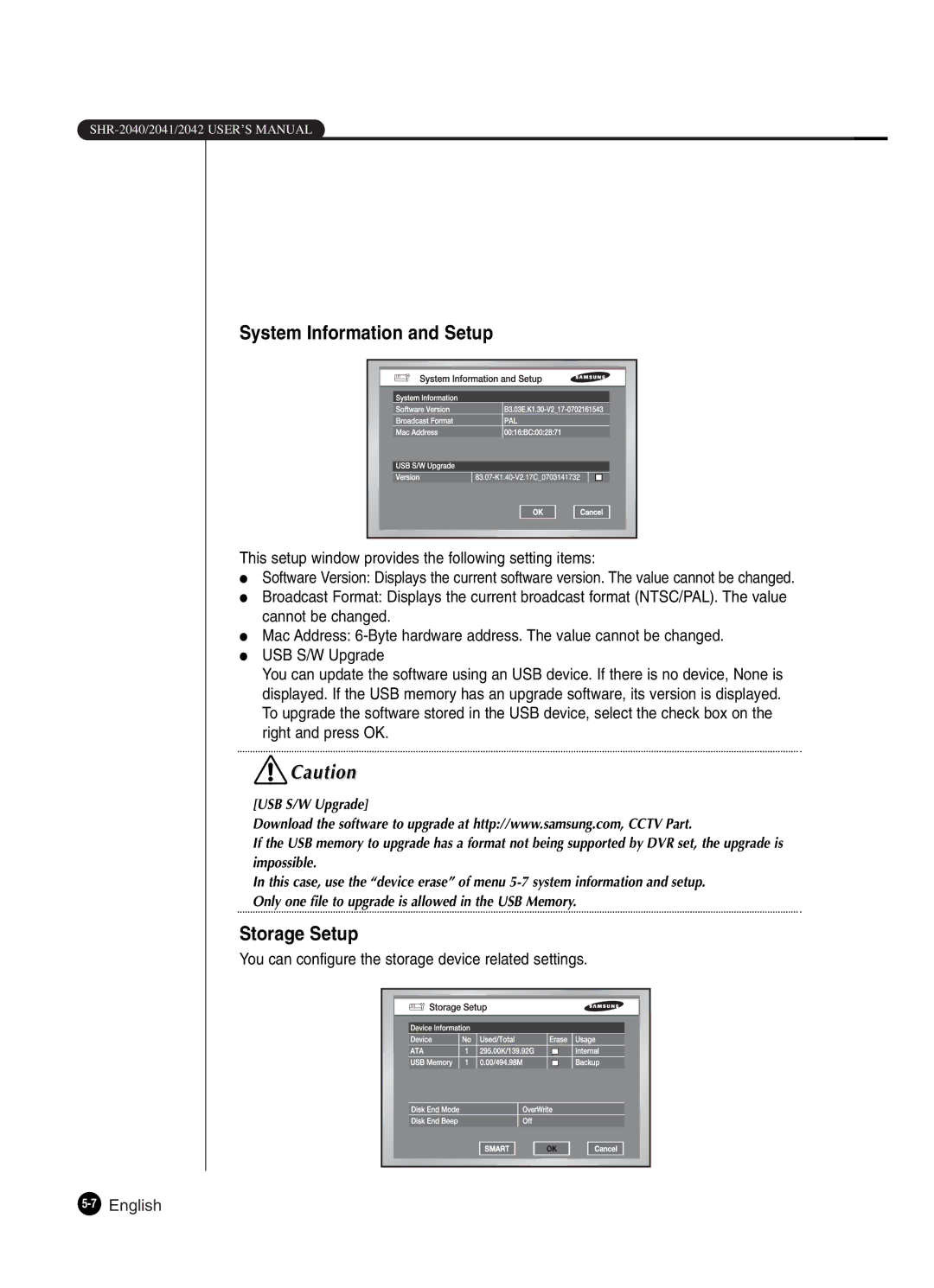 Samsung SHR-2042P250 System Information and Setup, Storage Setup, You can configure the storage device related settings 