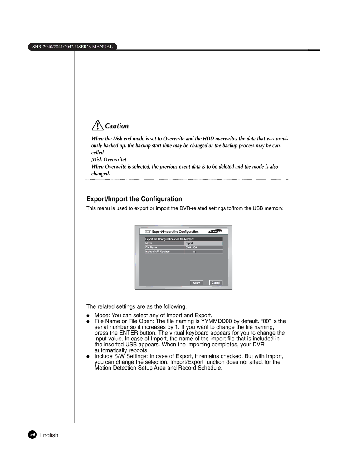 Samsung SHR-2042P250, SHR-2040P250 manual Export/Import the Configuration 