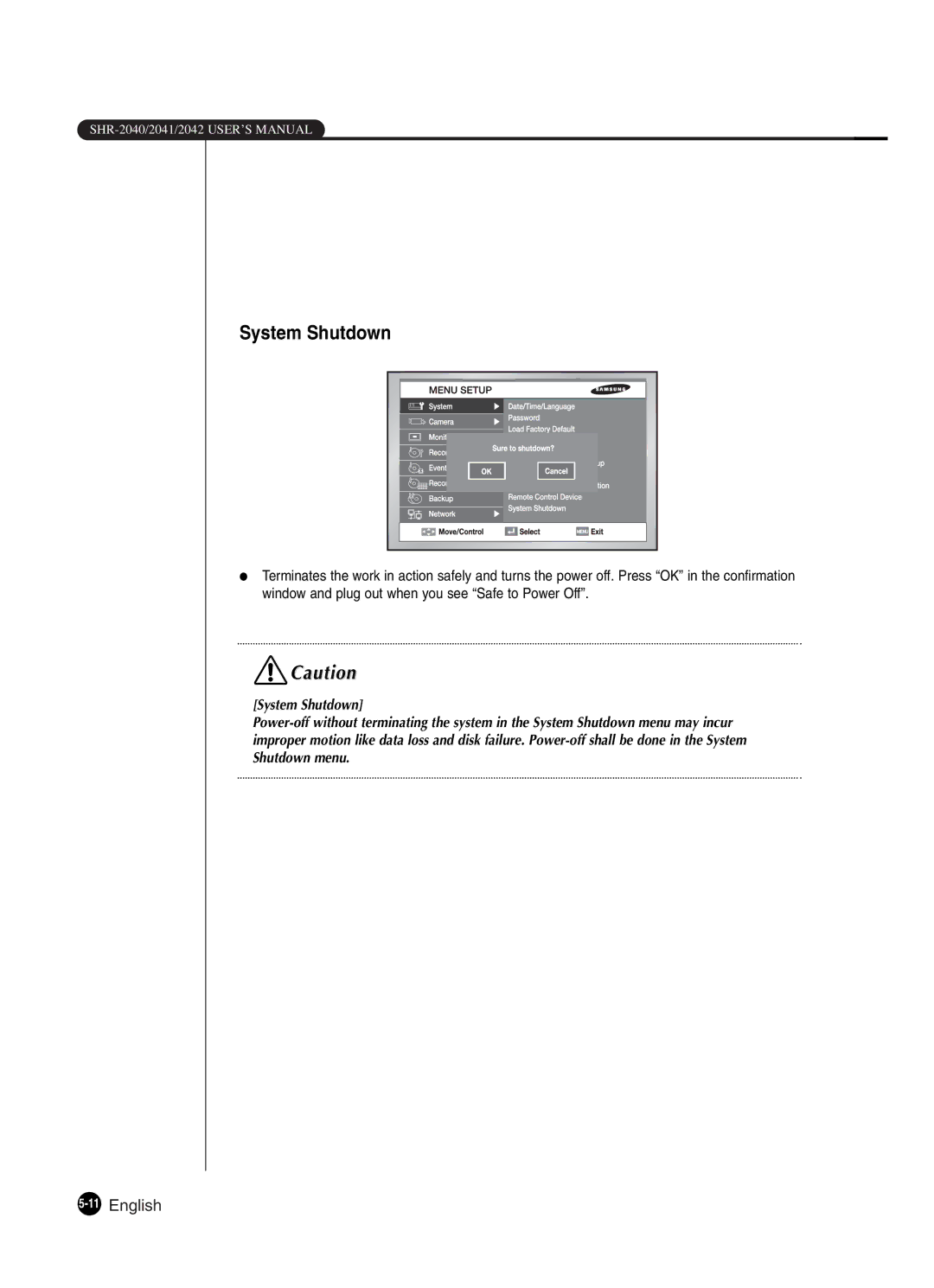 Samsung SHR-2042P250, SHR-2040P250 manual System Shutdown 