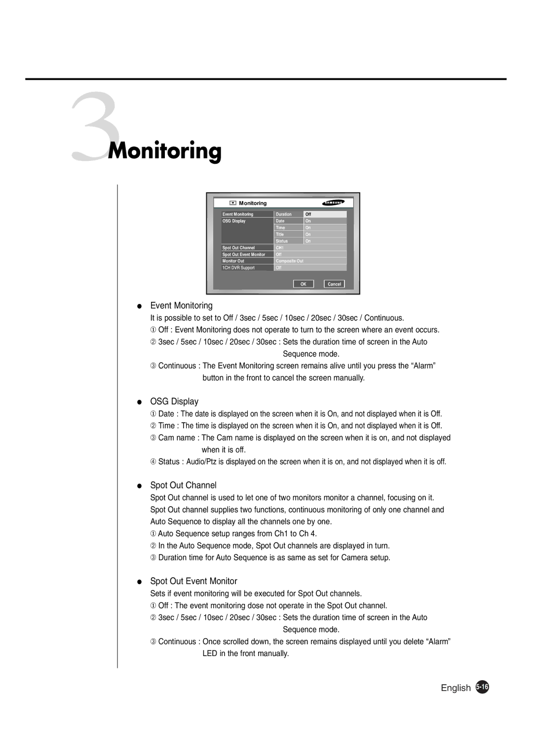 Samsung SHR-2040P250, SHR-2042P250 manual 3Monitoring, OSG Display, Spot Out Channel, Spot Out Event Monitor 