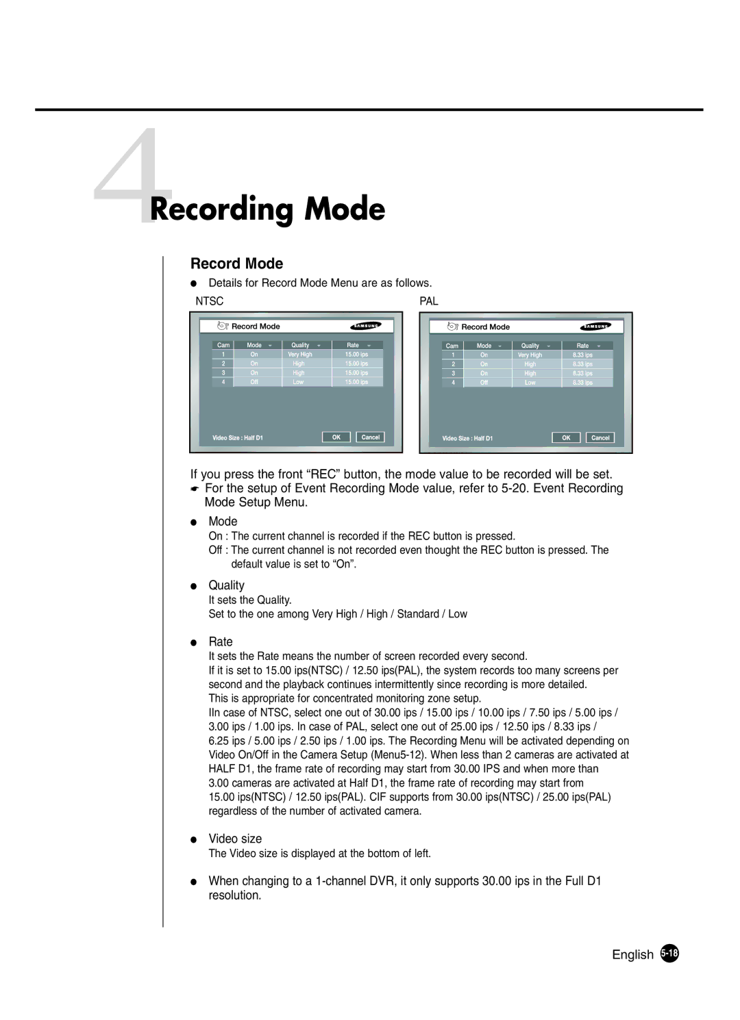 Samsung SHR-2042P250, SHR-2040P250 manual 4Recording Mode, Record Mode, Quality, Rate, Video size 