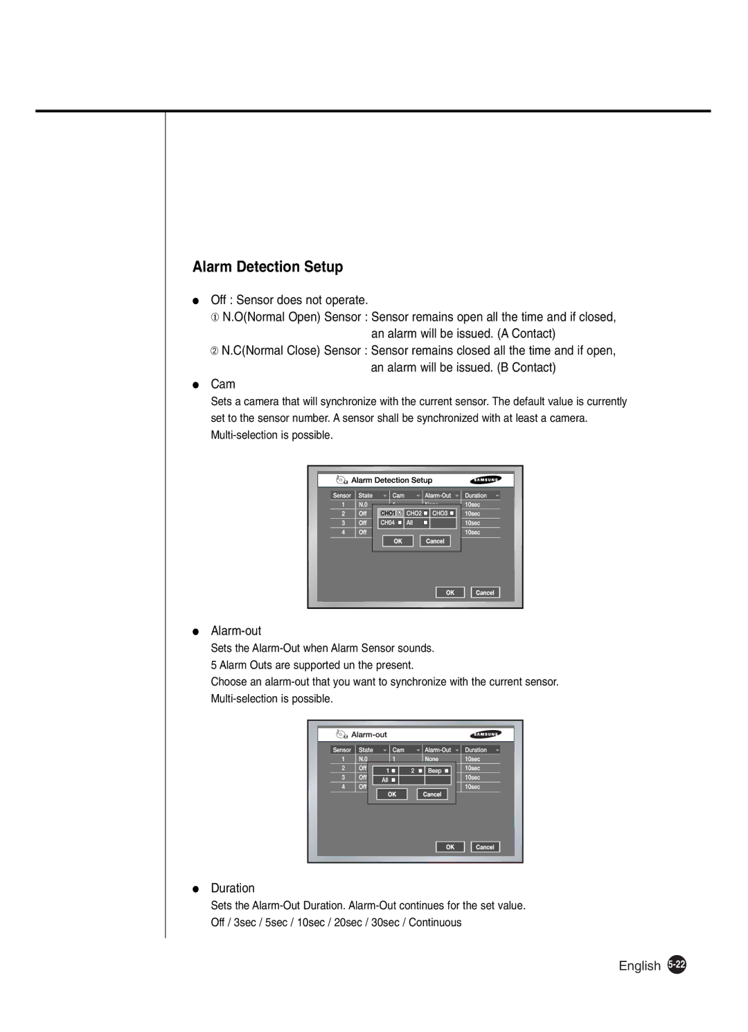 Samsung SHR-2042P250, SHR-2040P250 manual Alarm Detection Setup, Alarm-out, Duration 