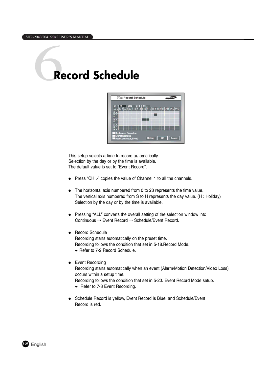 Samsung SHR-2042P250, SHR-2040P250 manual 6Record Schedule, 25English 