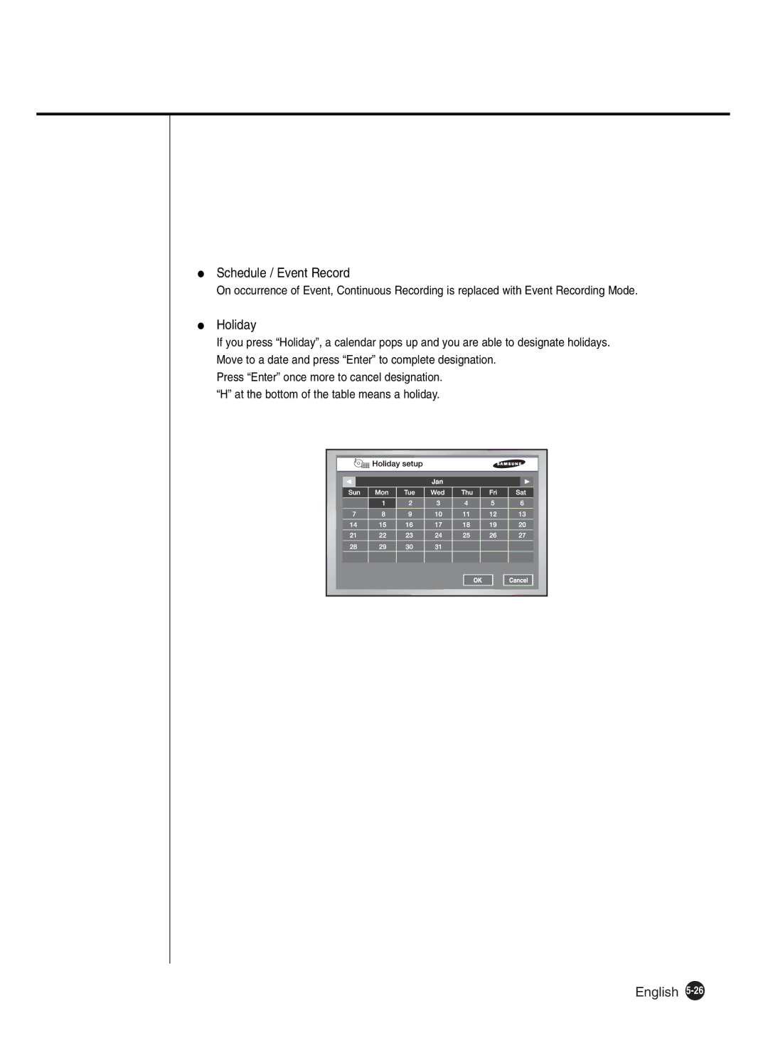 Samsung SHR-2042P250, SHR-2040P250 manual Schedule / Event Record, Holiday 