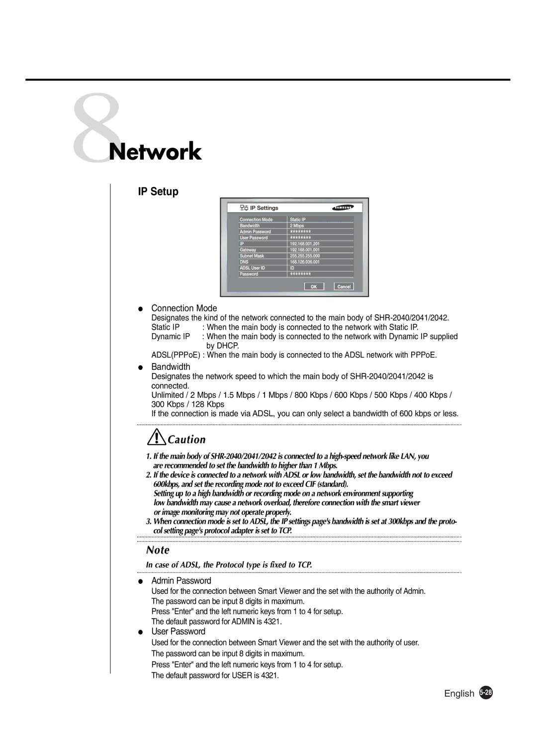 Samsung SHR-2040P250, SHR-2042P250 manual 8Network, IP Setup 