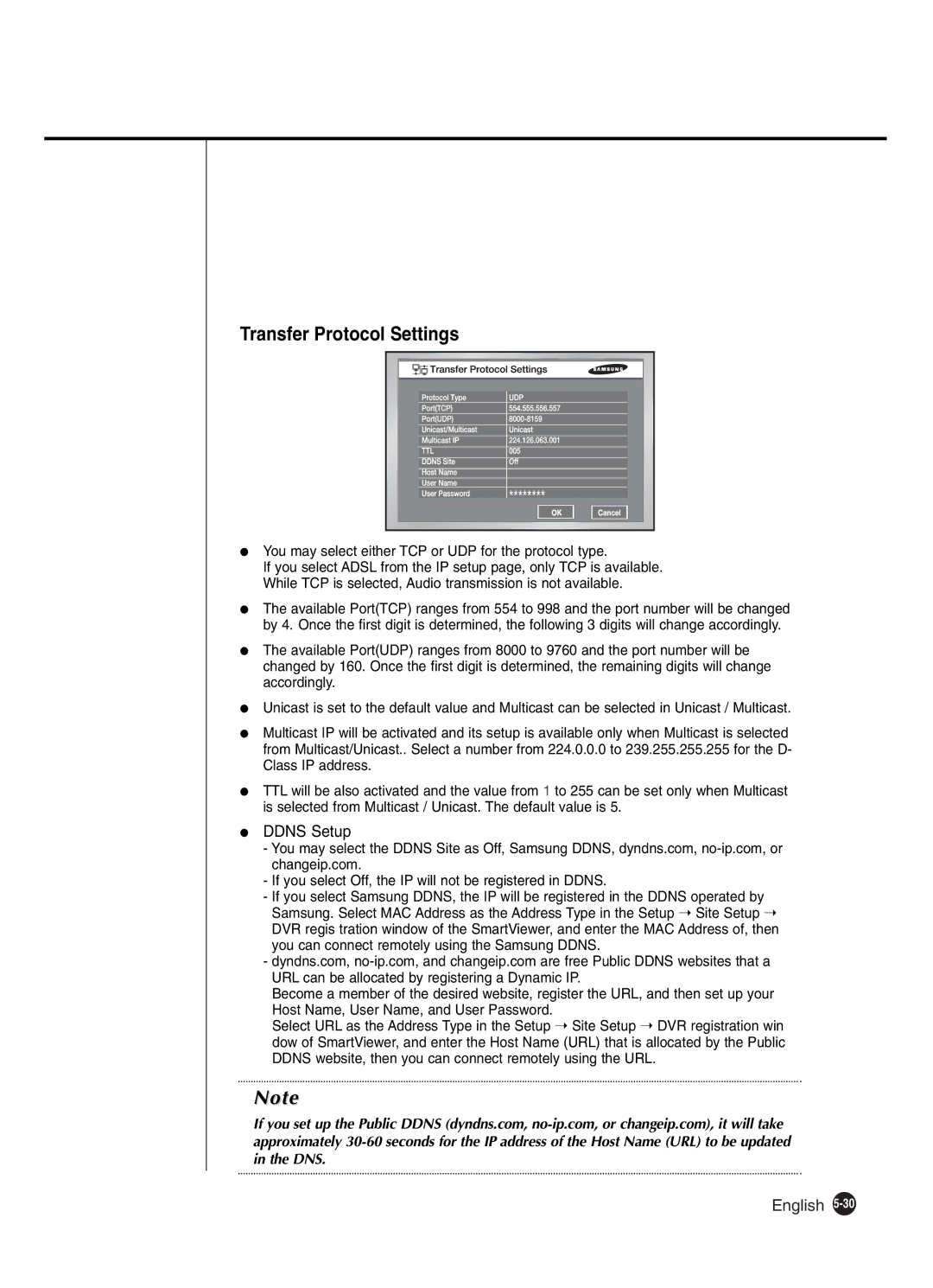 Samsung SHR-2042P250, SHR-2040P250 manual Transfer Protocol Settings, Ddns Setup 