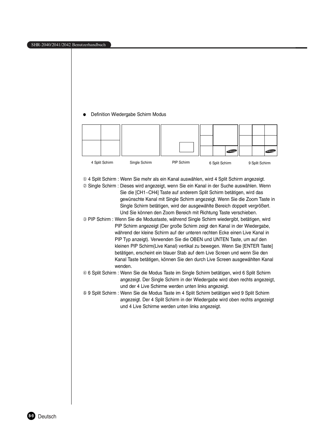 Samsung SHR-2040P, SHR-2042P250 Definition Wiedergabe Schirm Modus, Und der 4 Live Schirme werden unten links angezeigt 