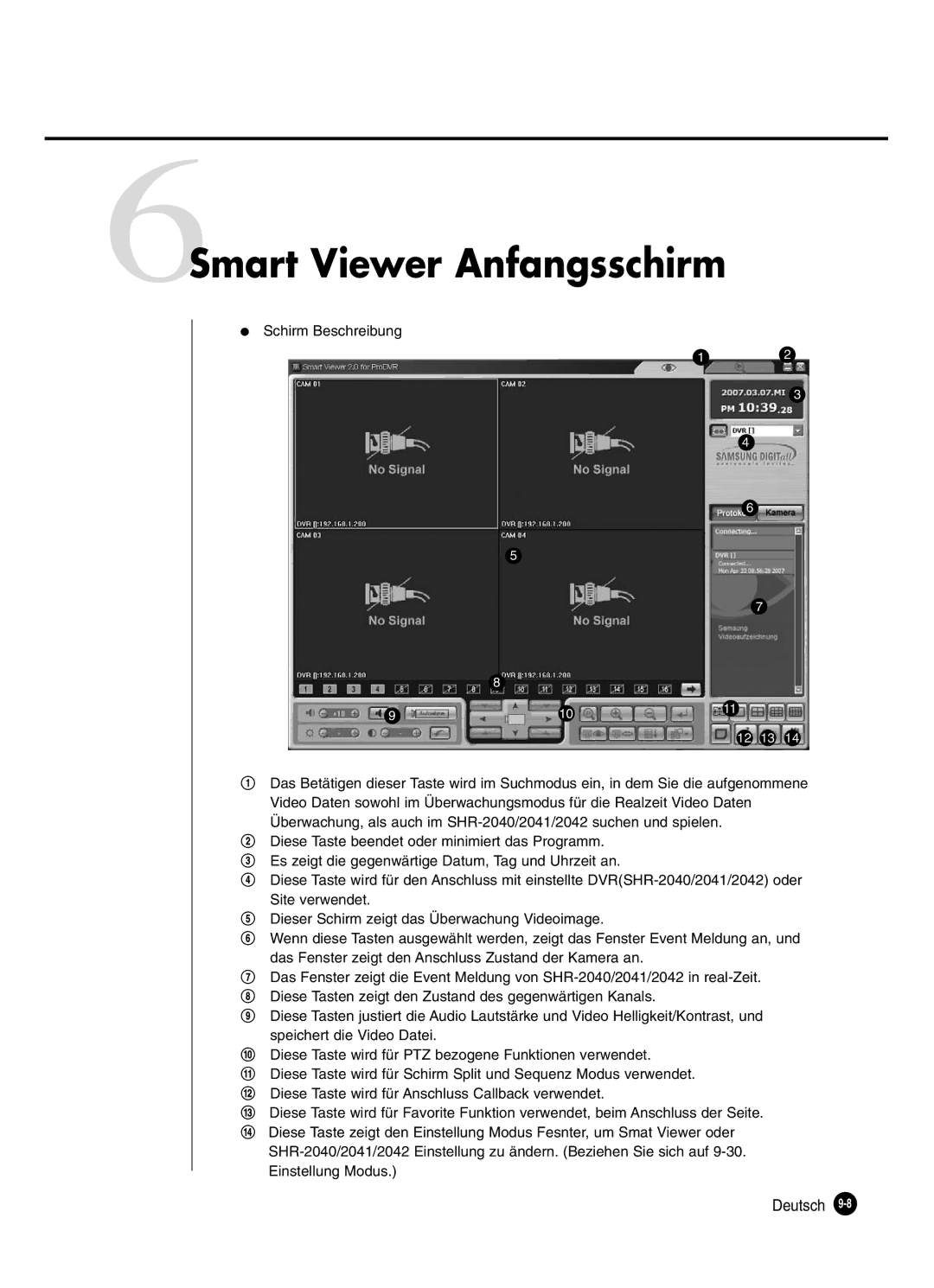 Samsung SHR-2040P250, SHR-2042P250 manual 6Smart Viewer Anfangsschirm, Schirm Beschreibung 