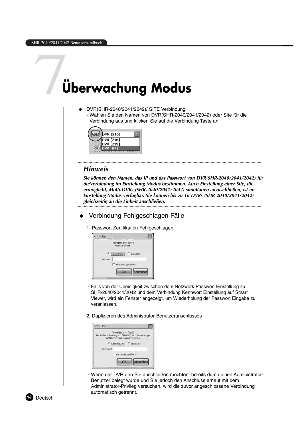 Samsung SHR-2042P250, SHR-2040P250 manual 7Überwachung Modus, Verbindung Fehlgeschlagen Fälle 