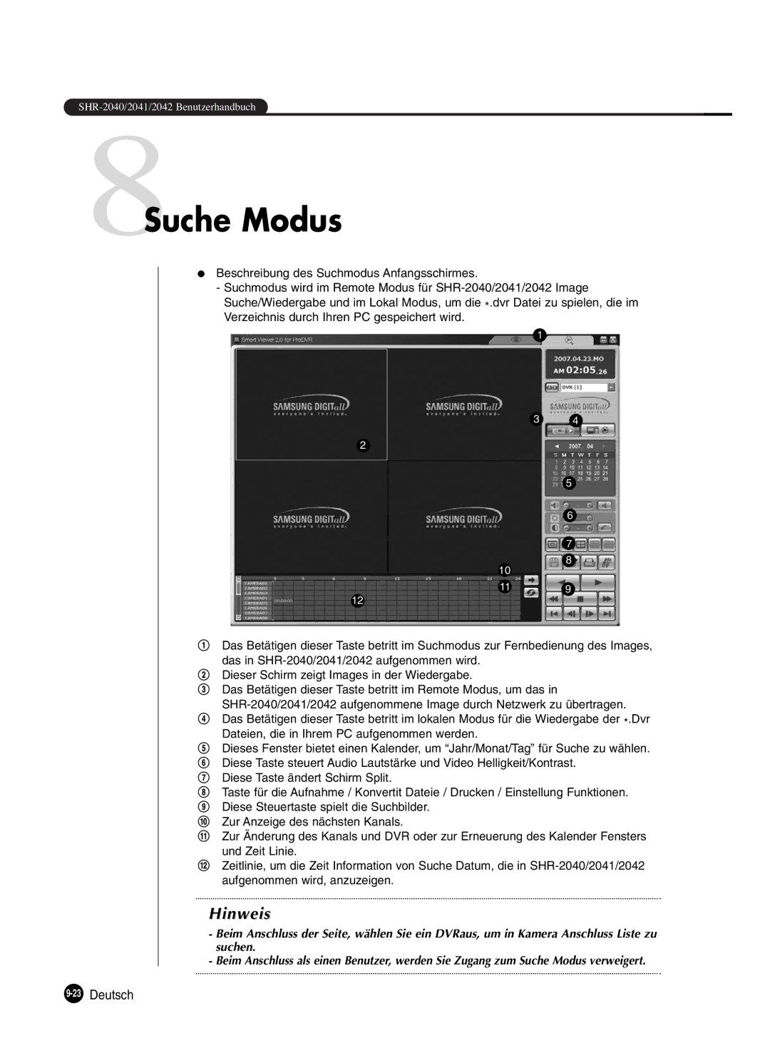 Samsung SHR-2042P250, SHR-2040P250 manual 8Suche Modus, 23Deutsch 