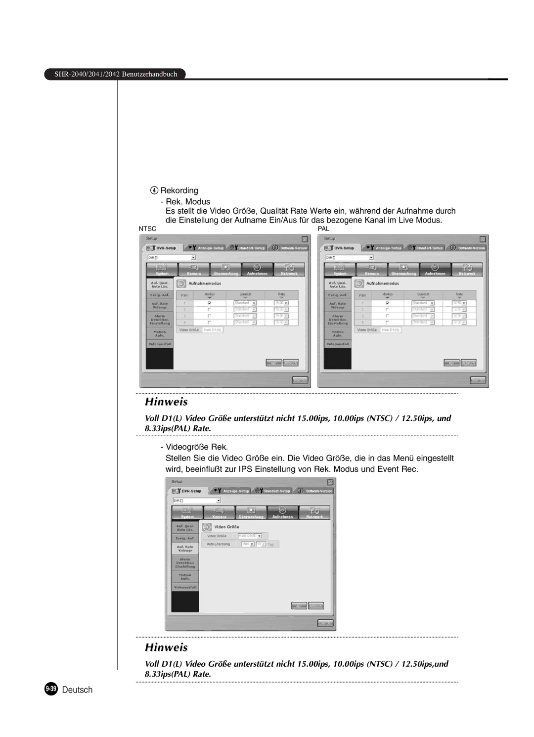 Samsung SHR-2042P250, SHR-2040P250 manual 39Deutsch, Videogröße Rek 