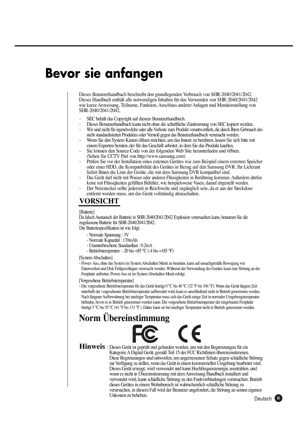 Samsung SHR-2042P250, SHR-2040P250 manual Bevor sie anfangen, Deutsch 