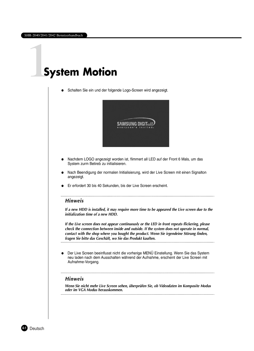 Samsung SHR-2042P250, SHR-2040P250 manual 1System Motion, 1Deutsch 