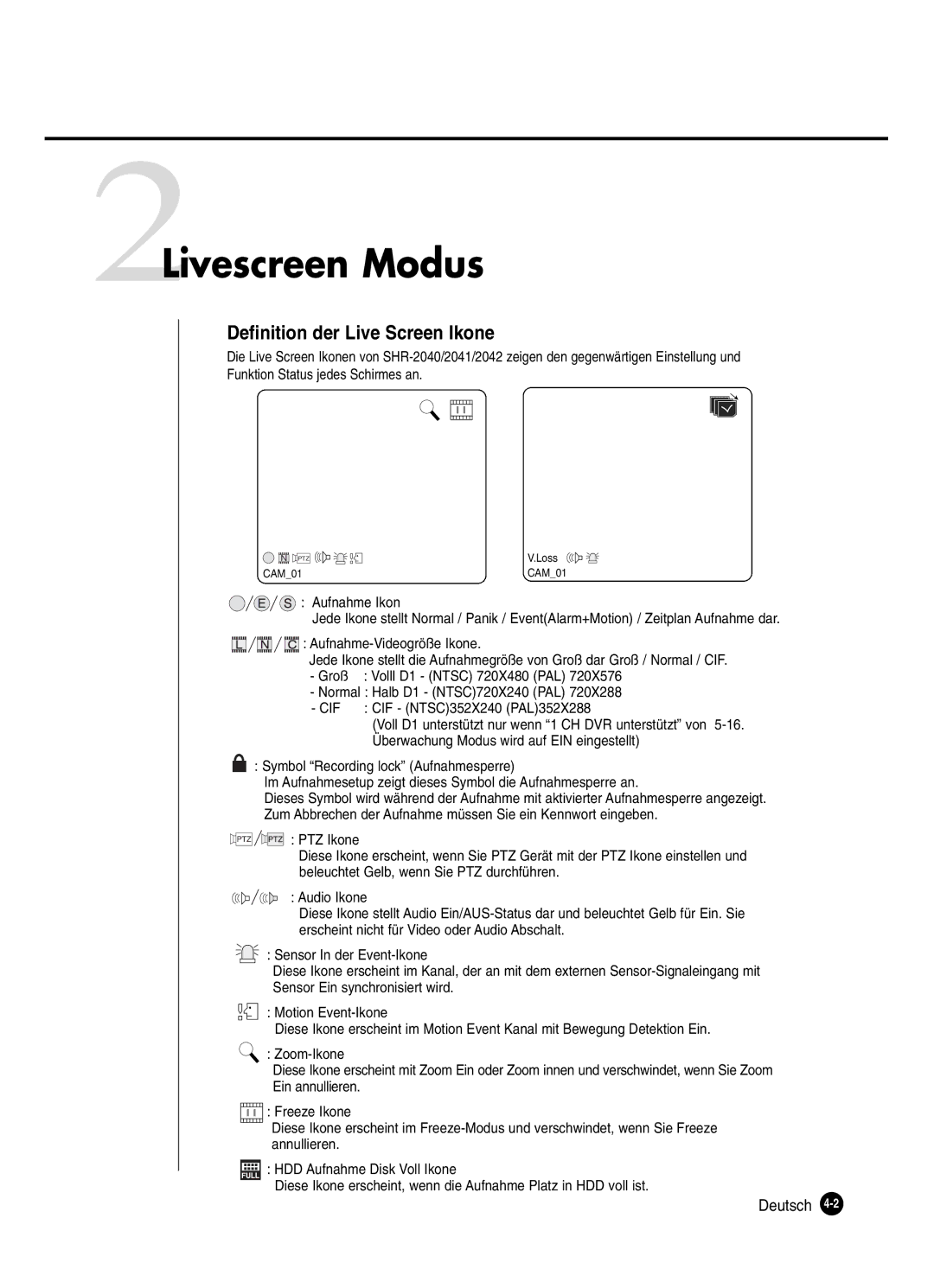 Samsung SHR-2040P250, SHR-2042P250 manual 2Livescreen Modus, Definition der Live Screen Ikone, CIF NTSC352X240 PAL352X288 