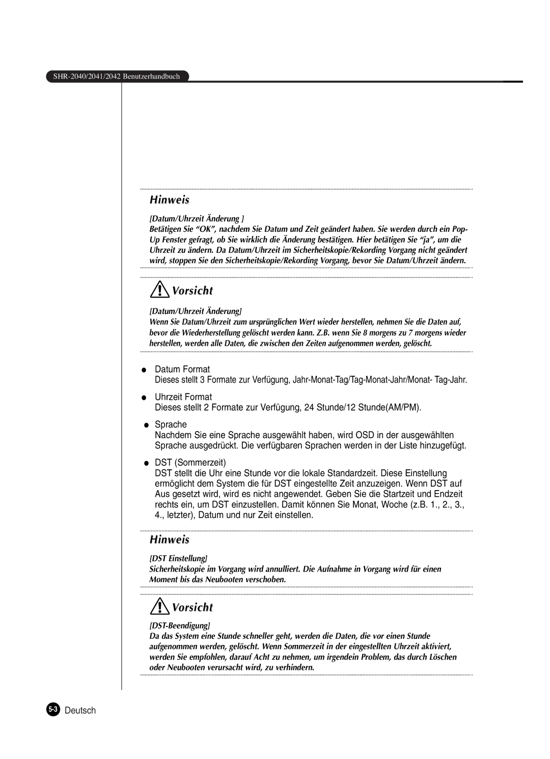 Samsung SHR-2042P250, SHR-2040P250 manual DST Sommerzeit, Datum/Uhrzeit Änderung 