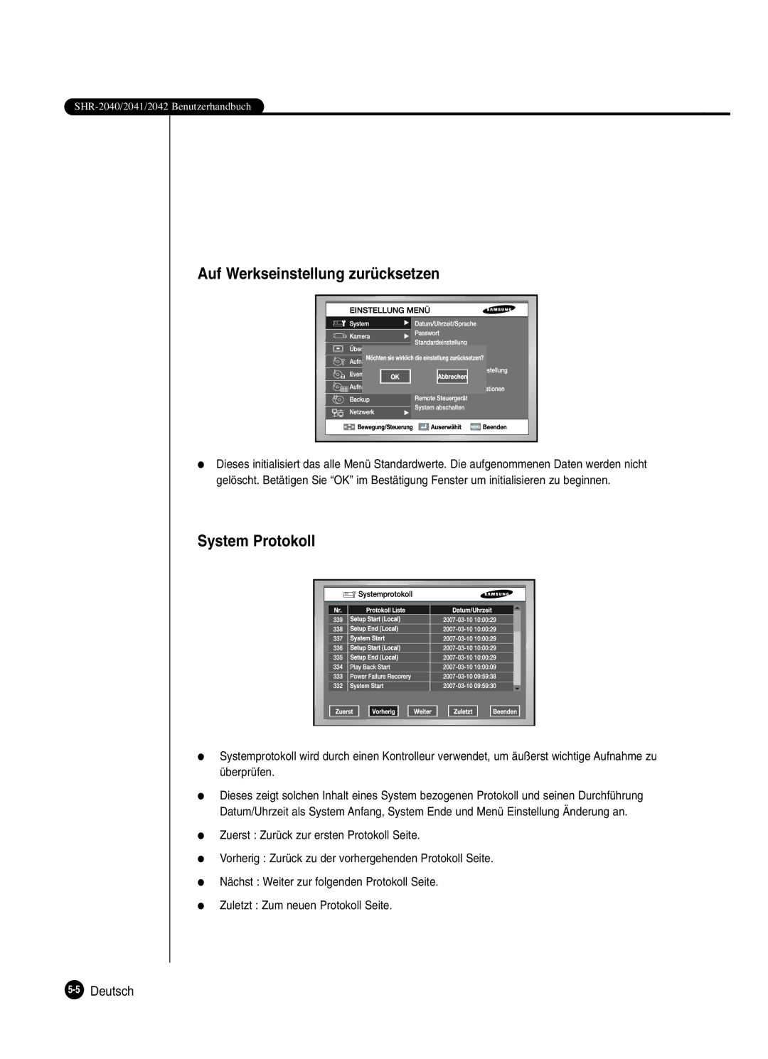 Samsung SHR-2042P250, SHR-2040P250 manual Auf Werkseinstellung zurücksetzen, System Protokoll 