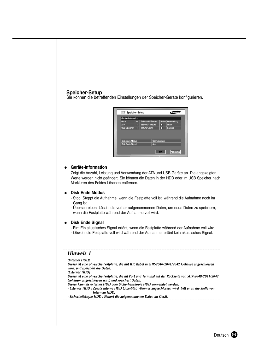 Samsung SHR-2040P250, SHR-2042P250 manual Speicher-Setup, Geräte-Information 