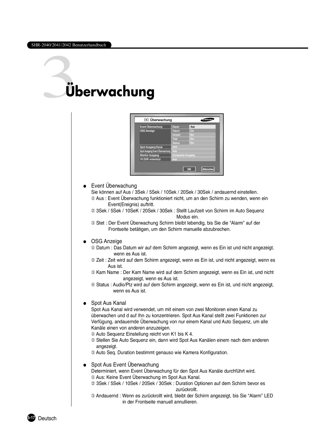 Samsung SHR-2042P250, SHR-2040P250 manual 3Überwachung, OSG Anzeige, Spot Aus Kanal, Spot Aus Event Überwachung 