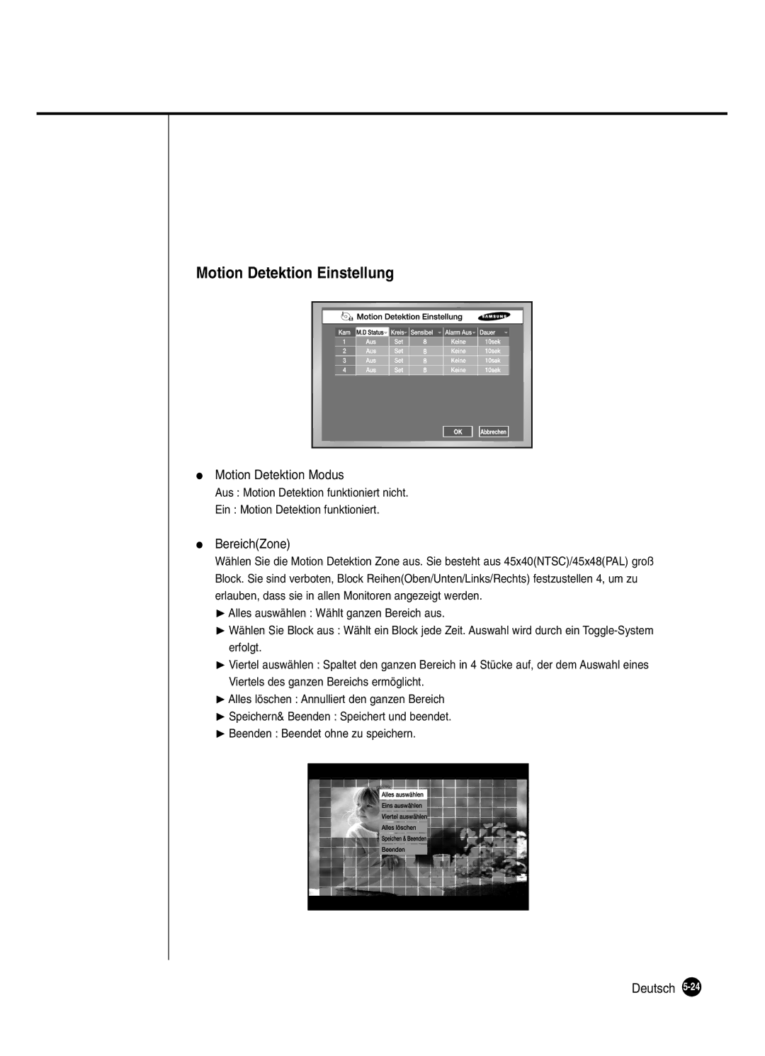 Samsung SHR-2040P250, SHR-2042P250 manual Motion Detektion Einstellung, Motion Detektion Modus, BereichZone 