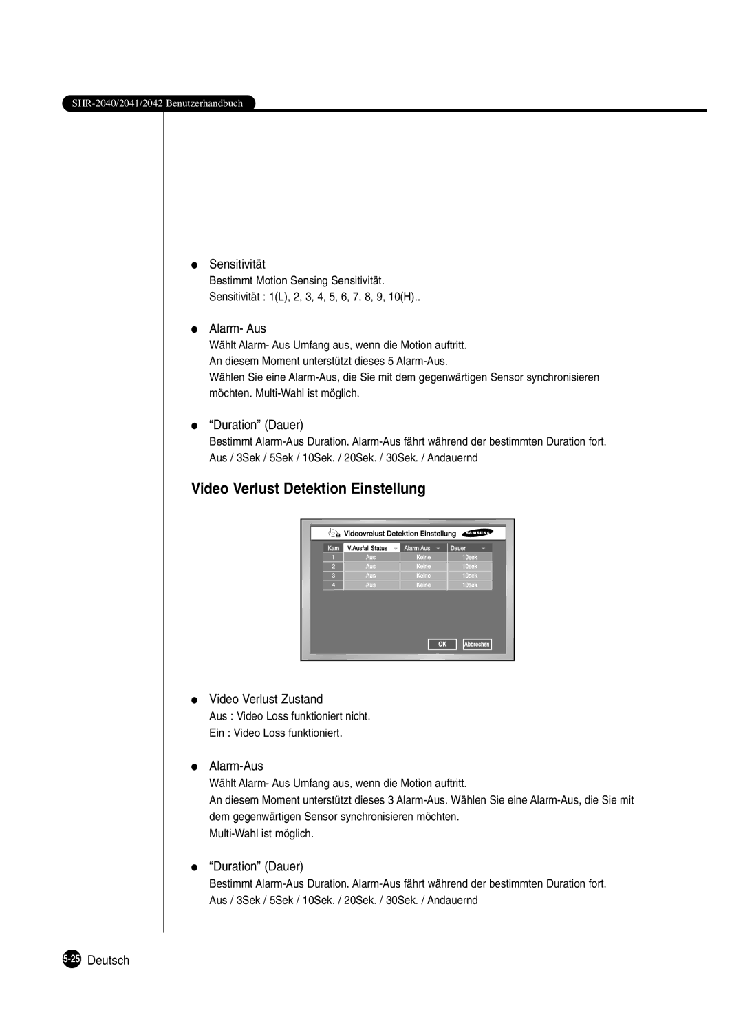 Samsung SHR-2040P manual Video Verlust Detektion Einstellung, Sensitivität, Alarm- Aus, Video Verlust Zustand, 25Deutsch 