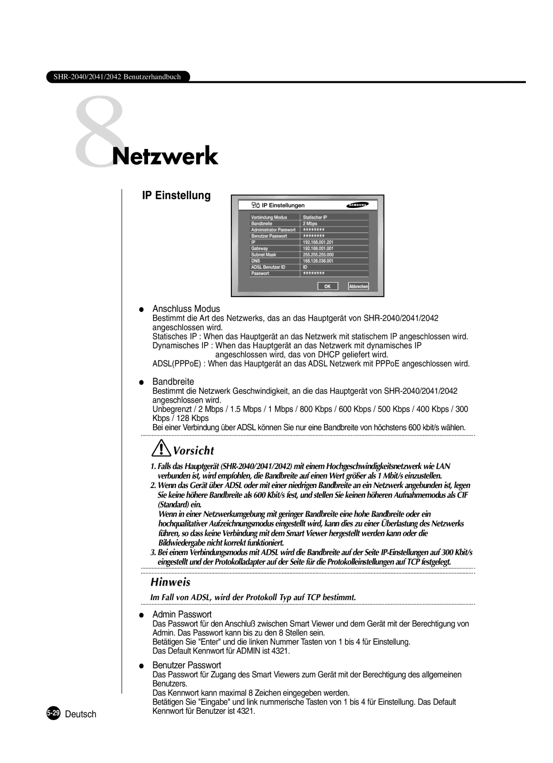 Samsung SHR-2042P250, SHR-2040P250 manual 8Netzwerk, IP Einstellung 