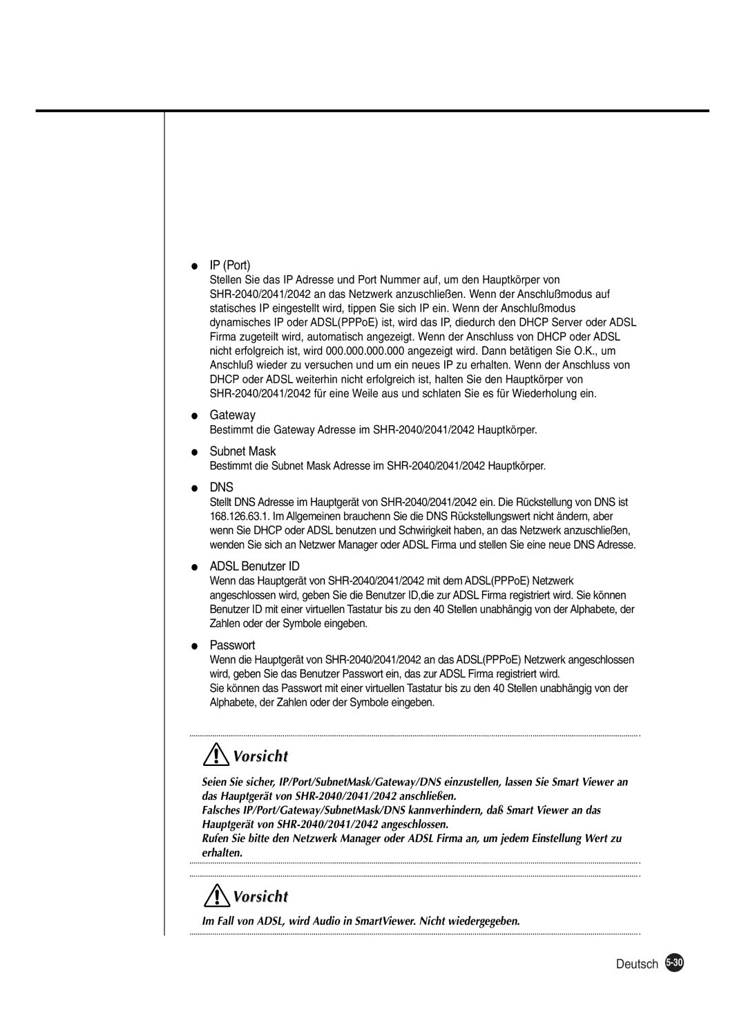 Samsung SHR-2042P250, SHR-2040P250 manual IP Port, Gateway, Subnet Mask, Adsl Benutzer ID, Passwort 