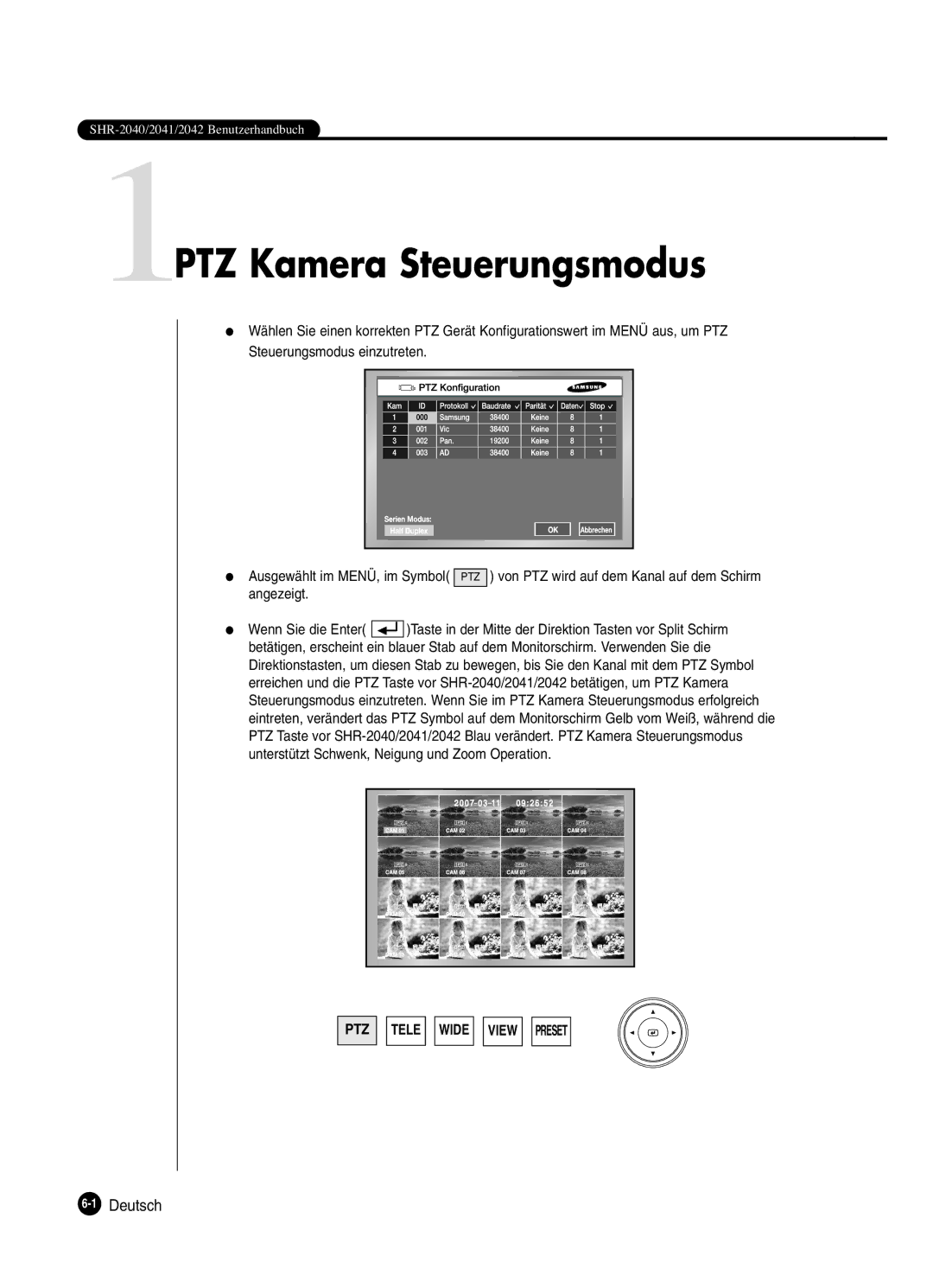 Samsung SHR-2042P250, SHR-2040P250 manual 1PTZ Kamera Steuerungsmodus, Von PTZ wird auf dem Kanal auf dem Schirm 