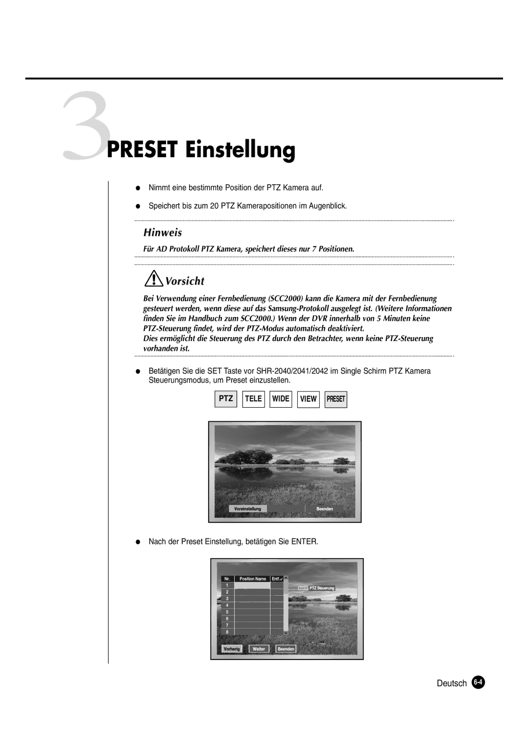 Samsung SHR-2042P250, SHR-2040P250 manual 3PRESET Einstellung, Nach der Preset Einstellung, betätigen Sie Enter 