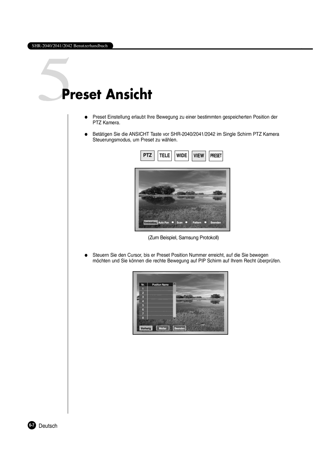 Samsung SHR-2042P250, SHR-2040P250 manual 5Preset Ansicht, Zum Beispiel, Samsung Protokoll 