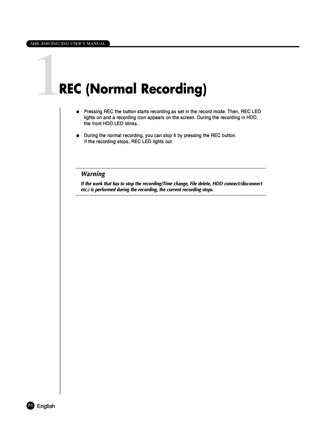 Samsung SHR-2042P250, SHR-2040P250 manual 1REC Normal Recording, English 