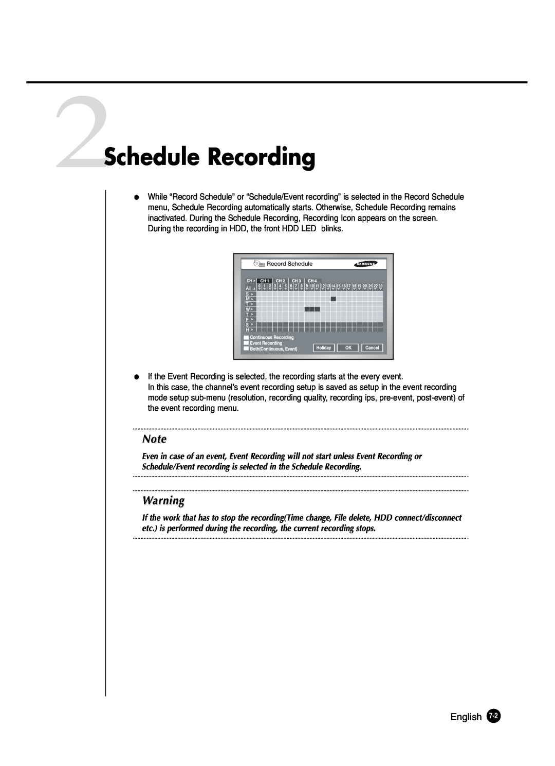 Samsung SHR-2042P250, SHR-2040P250 2Schedule Recording, Schedule/Event recording is selected in the Schedule Recording 