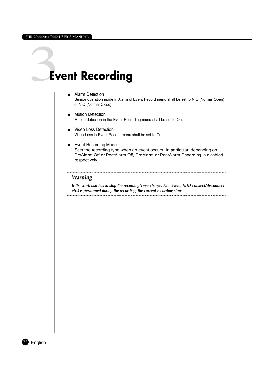 Samsung SHR-2042P250 manual 3Event Recording, Alarm Detection, Motion Detection, Video Loss Detection, Event Recording Mode 