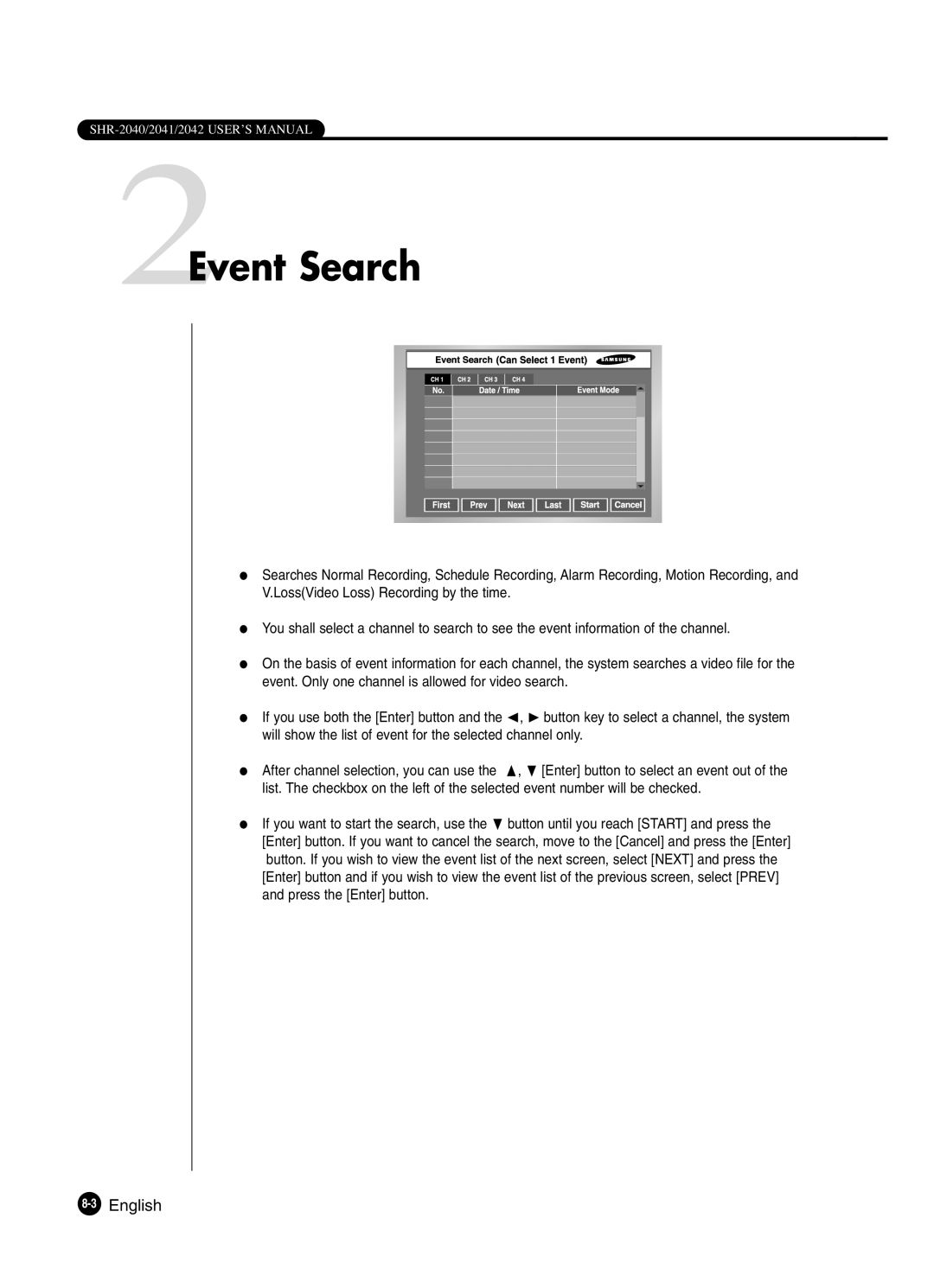 Samsung SHR-2042P250, SHR-2040P250 manual 2Event Search, English 