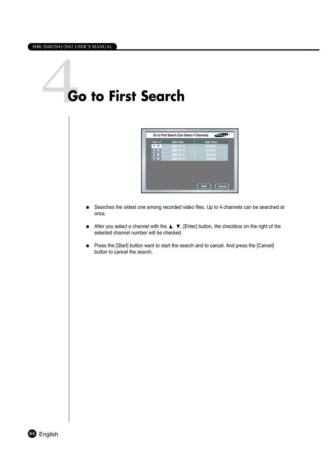 Samsung SHR-2042P250, SHR-2040P250 manual 4Go to First Search, English 
