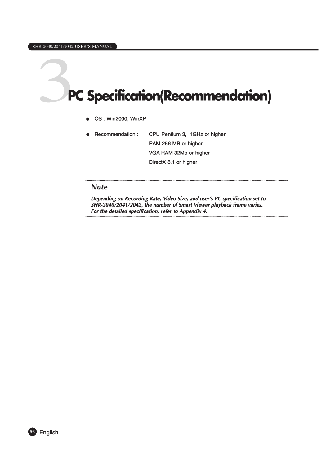 Samsung SHR-2042P250, SHR-2040P250 manual 3PC SpecificationRecommendation, English, SHR-2040/2041/2042 USER’S MANUAL 