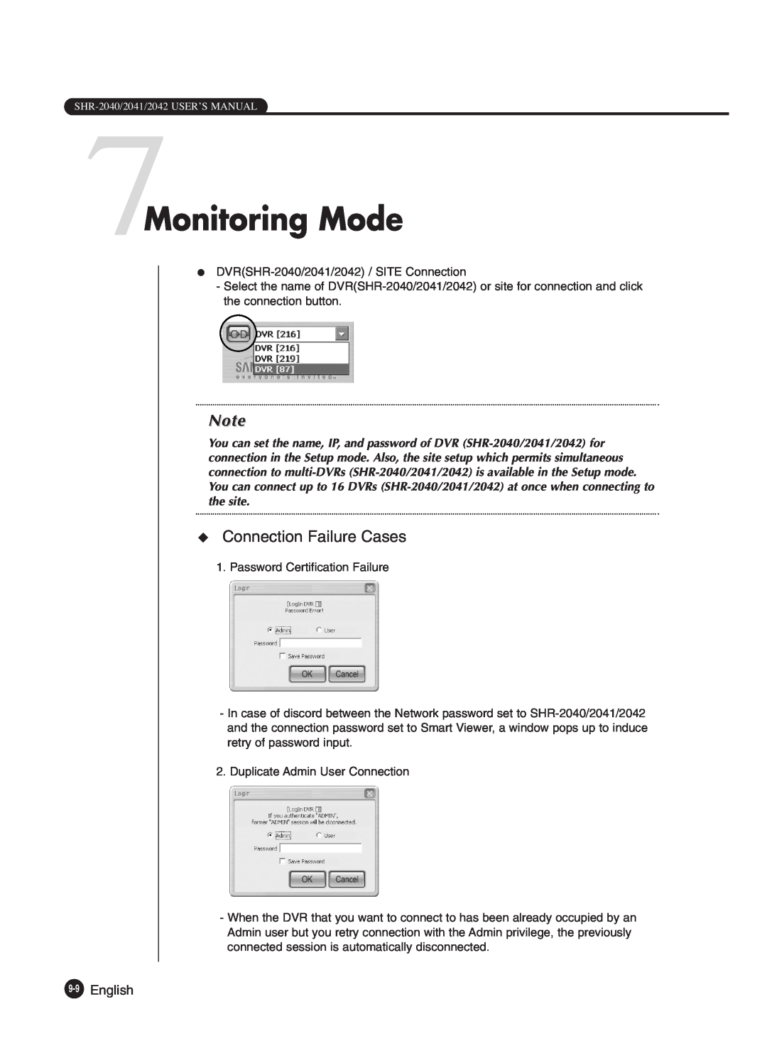 Samsung SHR-2042P250, SHR-2040P250 manual 7Monitoring Mode, Connection Failure Cases 