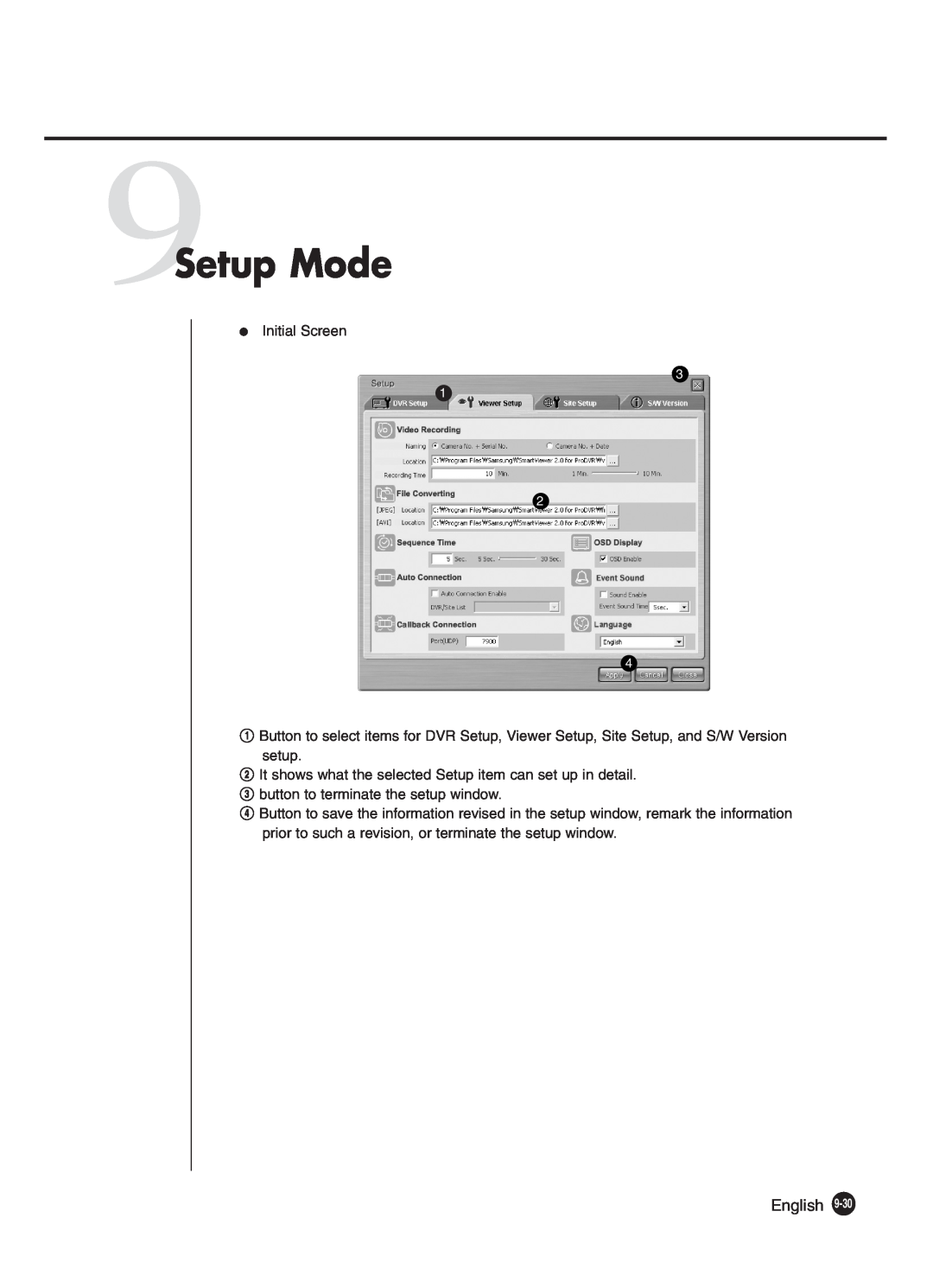 Samsung SHR-2042P250 manual 9Setup Mode, Initial Screen, @ It shows what the selected Setup item can set up in detail 