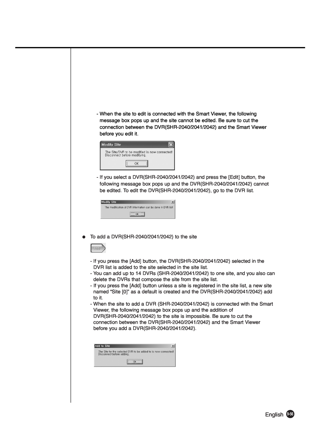Samsung SHR-2040P250, SHR-2042P250 manual To add a DVRSHR-2040/2041/2042 to the site 