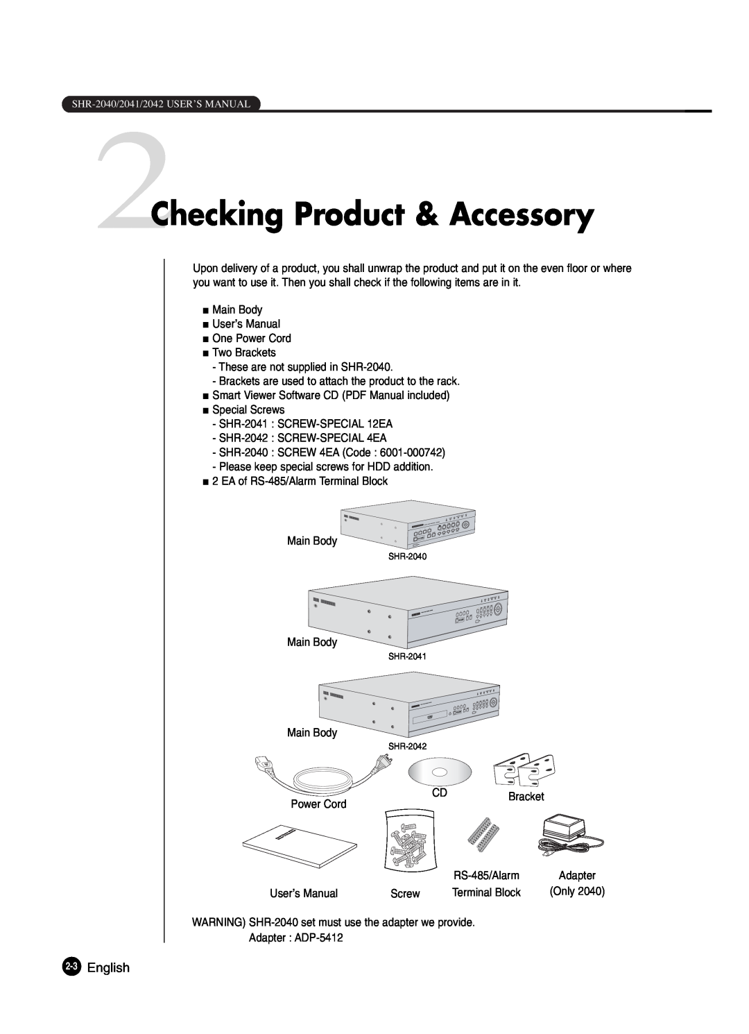 Samsung SHR-2042P250, SHR-2040P250 manual 2Checking Product & Accessory, English 