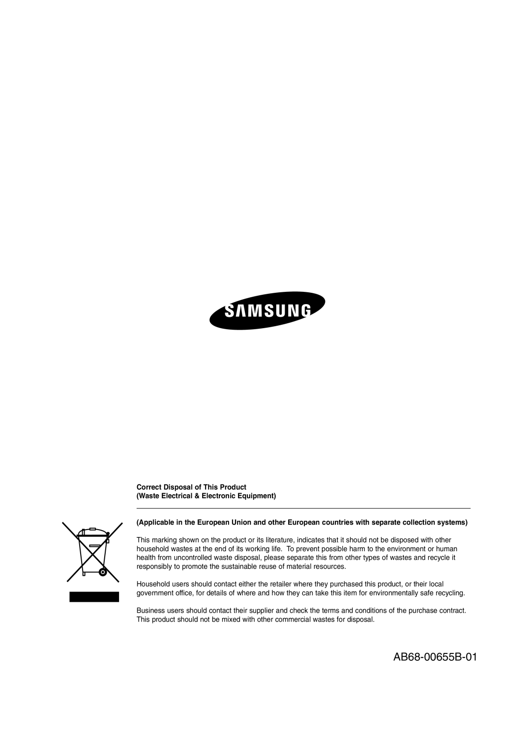 Samsung SHR-2042P250 manual AB68-00655B-01, Correct Disposal of This Product, Waste Electrical & Electronic Equipment 