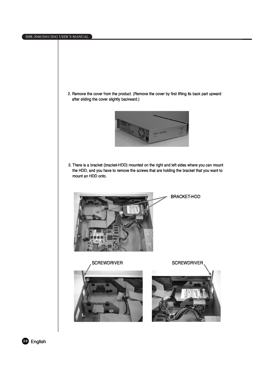 Samsung SHR-2042P250, SHR-2040P250 manual Bracket-Hdd Screwdriverscrewdriver, English, SHR-2040/2041/2042 USER’S MANUAL 