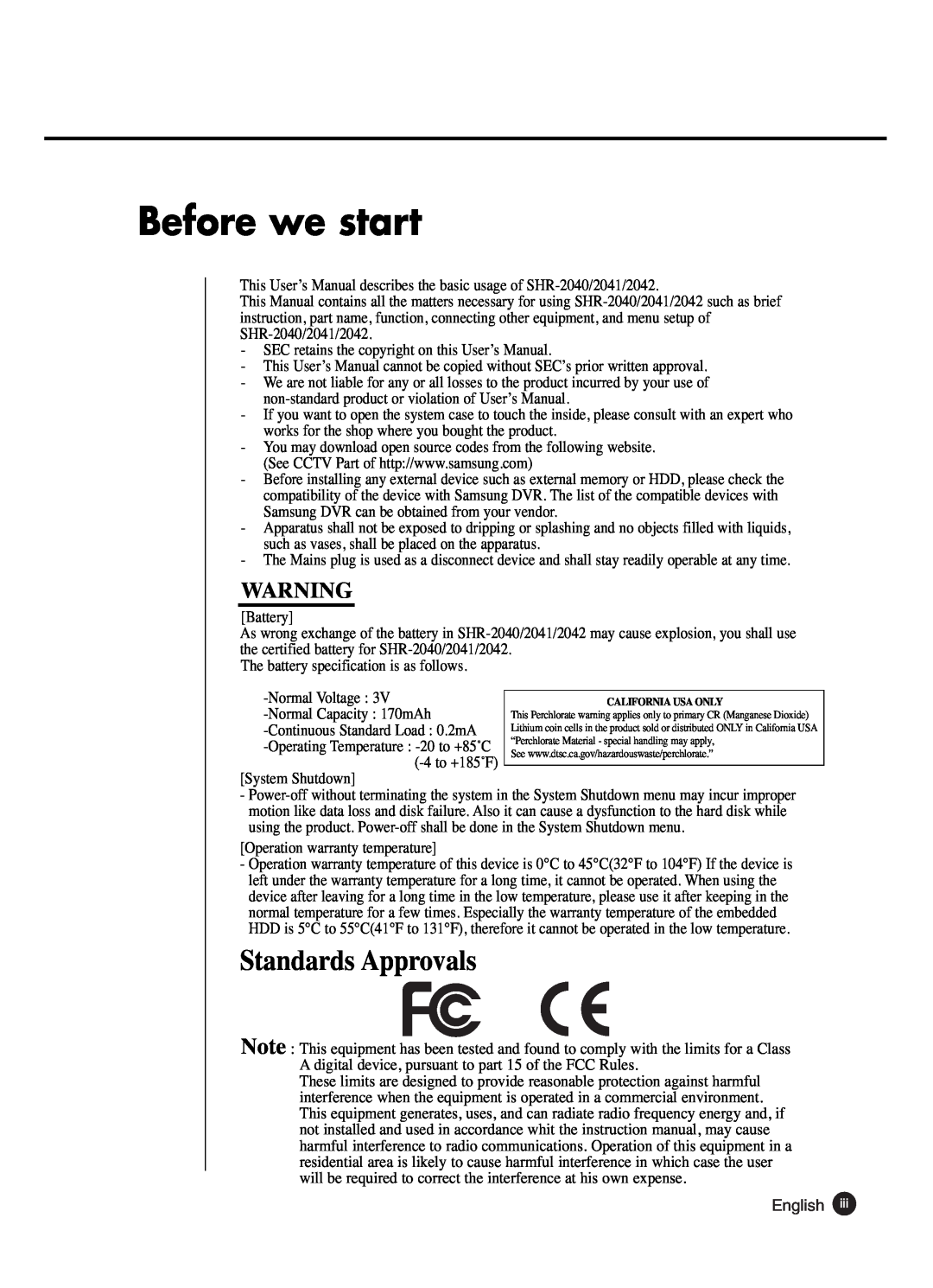 Samsung SHR-2042P250, SHR-2040P250 manual Before we start, English, Standards Approvals 