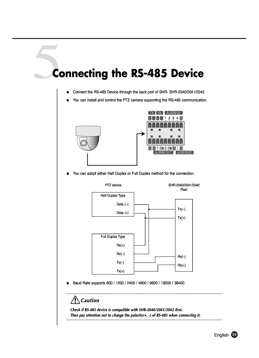 Samsung SHR-2040P250, SHR-2042P250 manual 5Connecting the RS-485 Device, English 