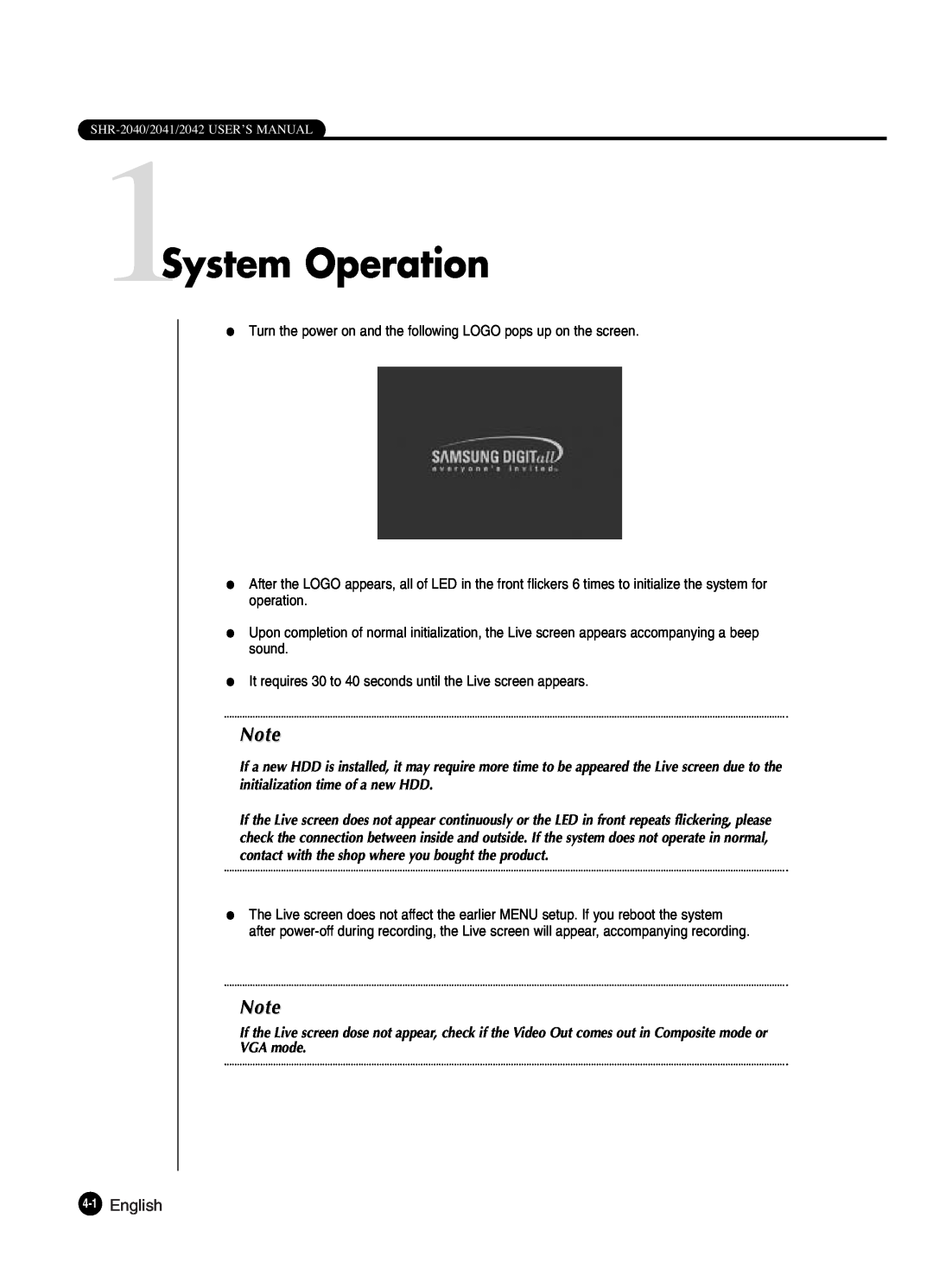 Samsung SHR-2042P250, SHR-2040P250 manual 1System Operation, English 