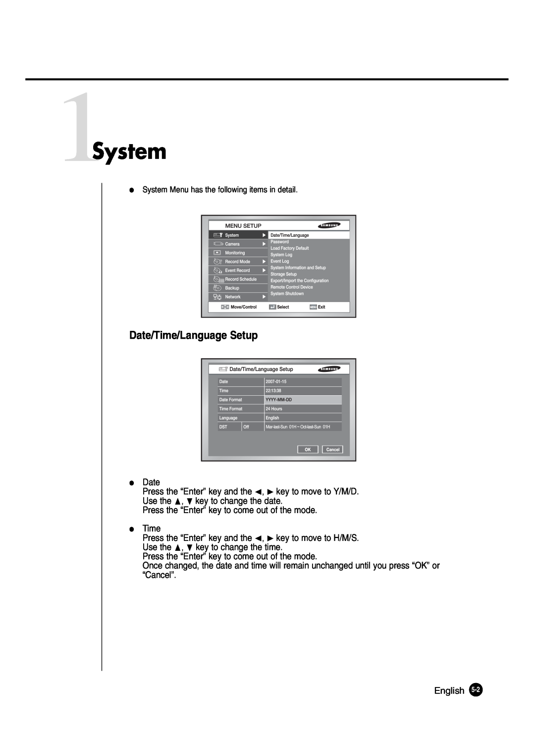 Samsung SHR-2042P250, SHR-2040P250 manual 1System, Date/Time/Language Setup 