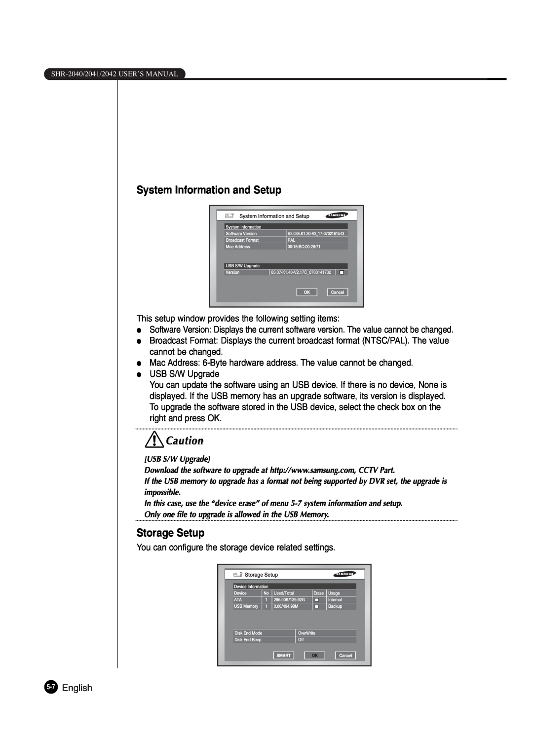 Samsung SHR-2042P250, SHR-2040P250 manual System Information and Setup, Storage Setup, English 