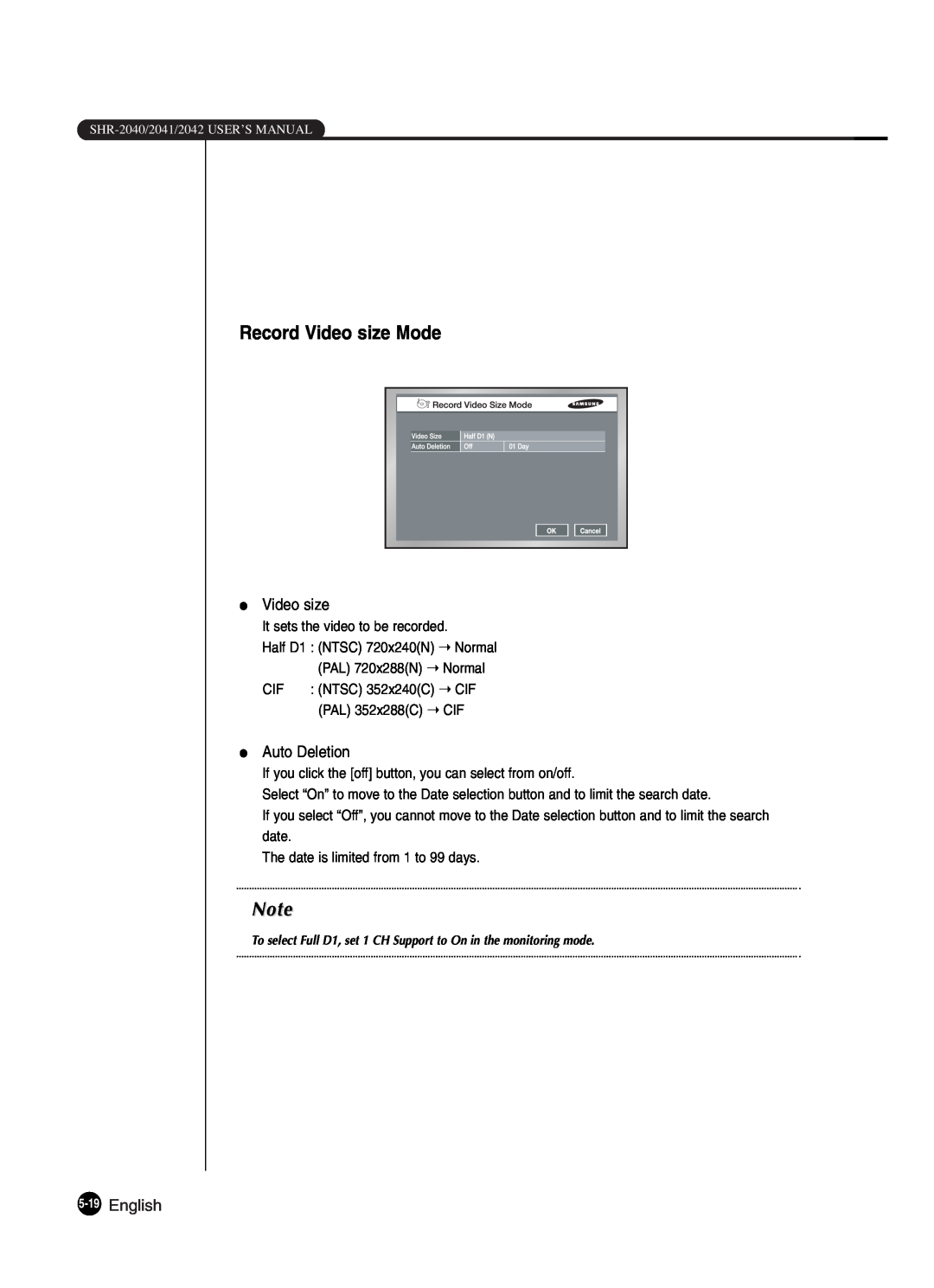 Samsung SHR-2042P250, SHR-2040P250 manual Record Video size Mode, English 