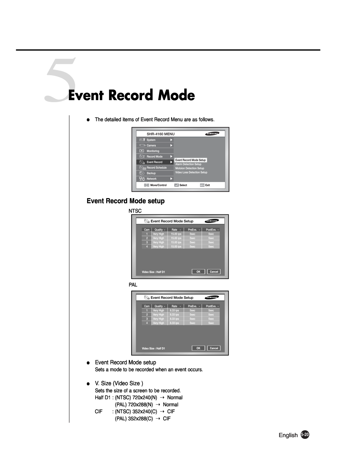 Samsung SHR-2040P250 manual 5Event Record Mode, Event Record Mode setup, English, Ntsc, Half D1 NTSC 720x240N, Normal, Menu 
