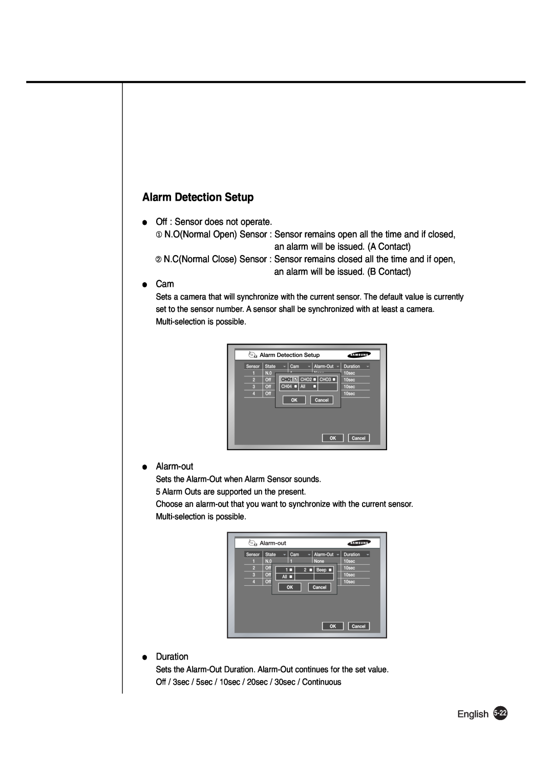 Samsung SHR-2042P250, SHR-2040P250 manual Alarm Detection Setup, English 