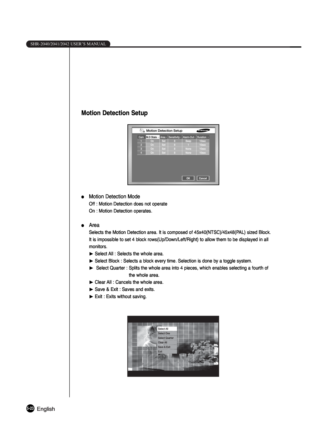 Samsung SHR-2042P250, SHR-2040P250 manual Motion Detection Setup, English 